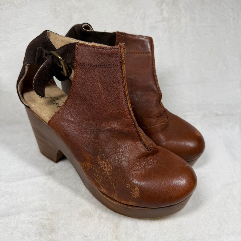 Free People Brown Leather Wooden Platform Clog Booties Made in Spain 40 1012